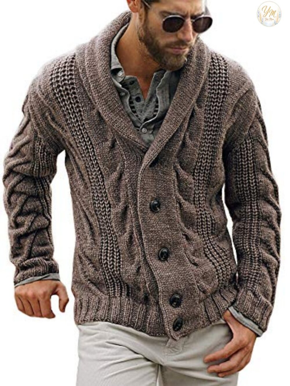 Mens Cable Knit Shawl Collar Cardigan Sweater Loose Fit
